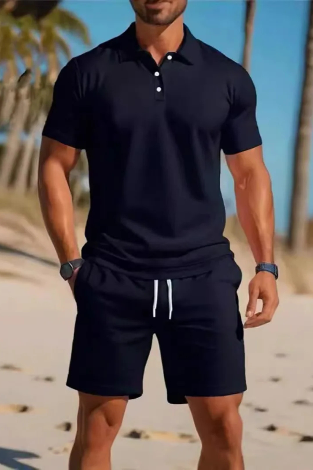 Men's Short Sleeve Polo Shirt and Drawstring Shorts Summer Outfit Set