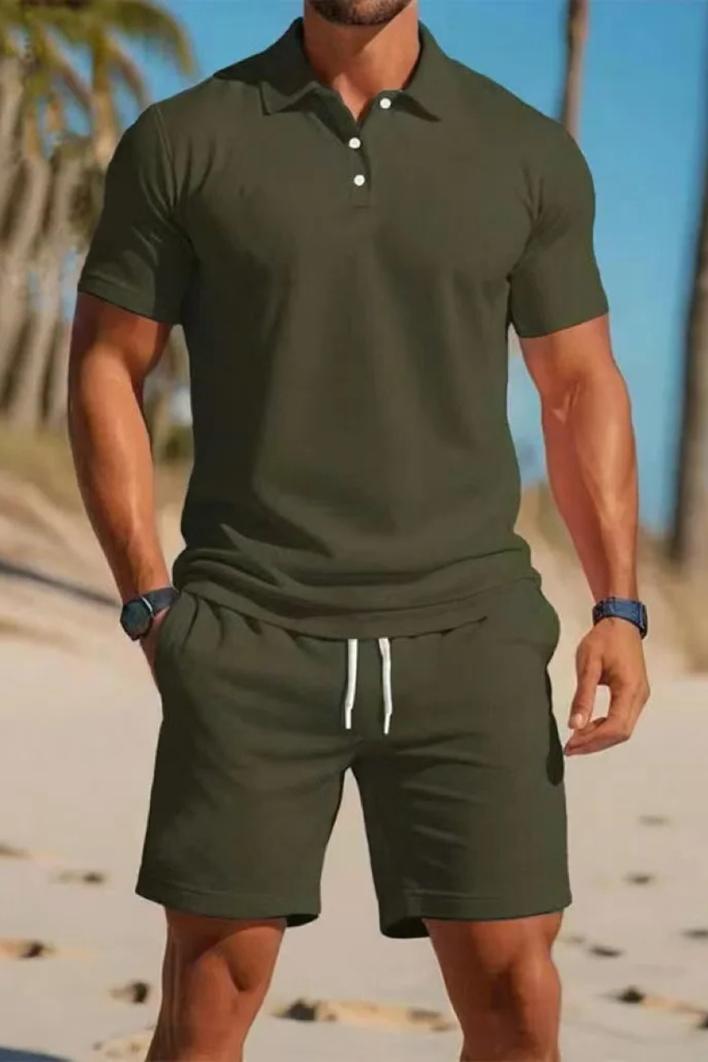 Men's Short Sleeve Polo Shirt and Drawstring Shorts Summer Outfit Set