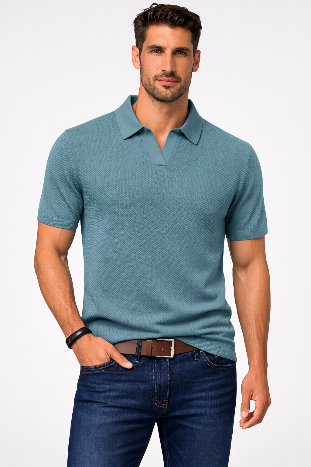 Men's Textured Knit Short Sleeve Polo Shirt - Casual Wear, Comfortable Fit