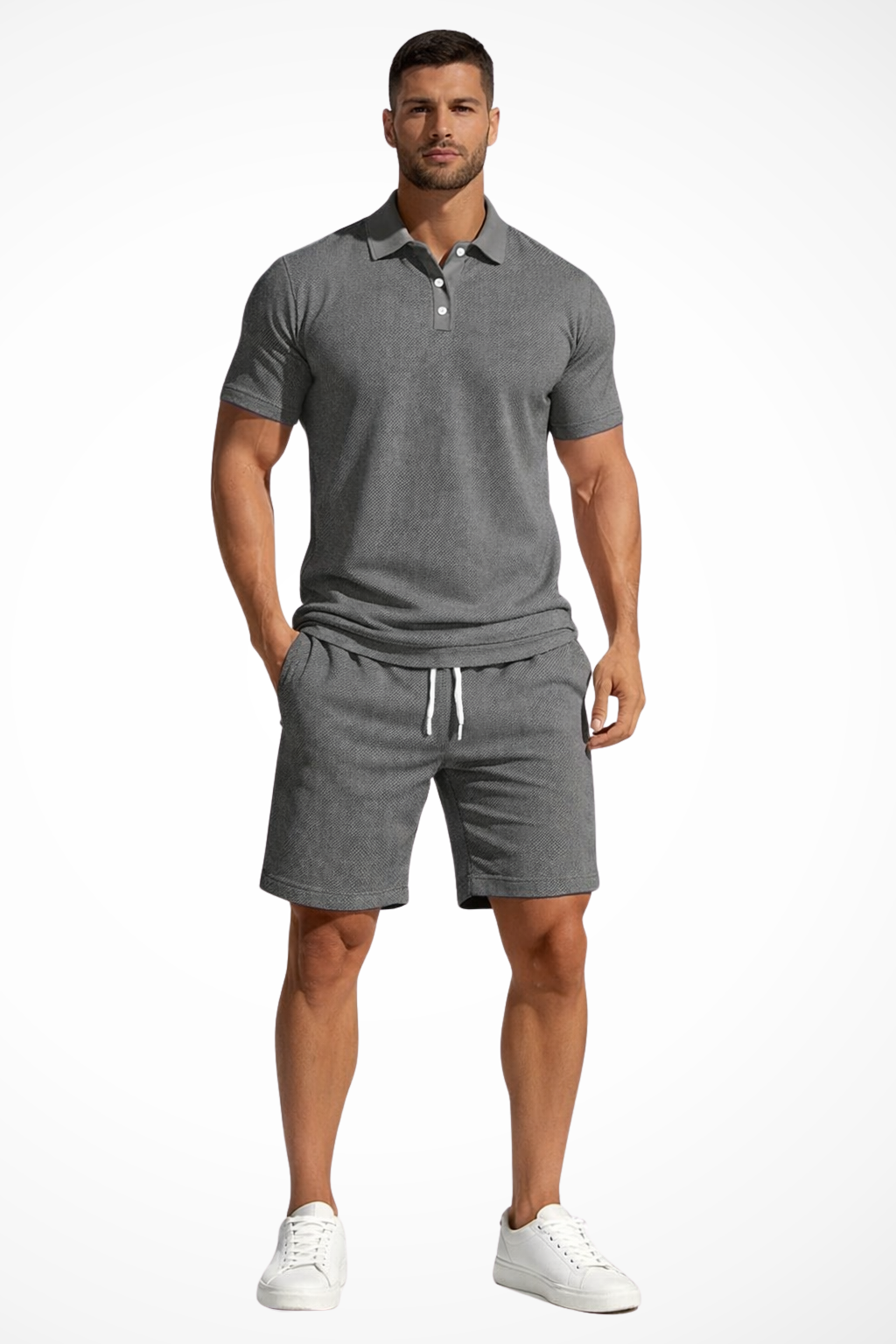 Men's Textured Polo and Shorts Summer Set - Casual Cotton Outfit for Warm Weather