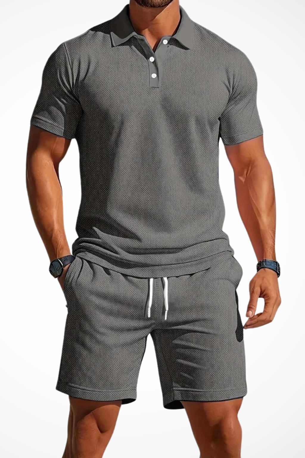 Men's Textured Polo and Shorts Summer Set - Casual Cotton Outfit for Warm Weather
