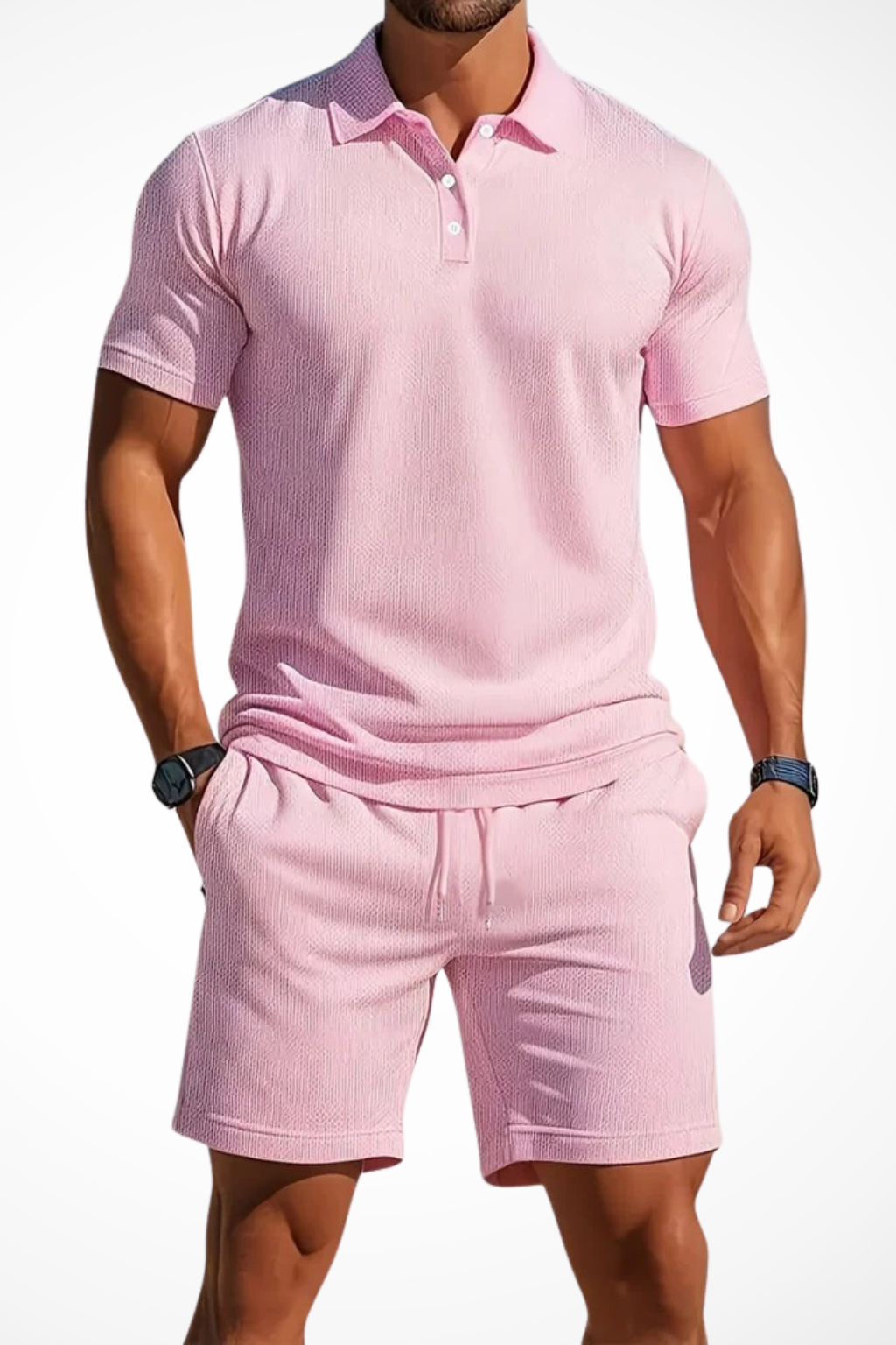 Men's Textured Polo and Shorts Summer Set - Casual Cotton Outfit for Warm Weather