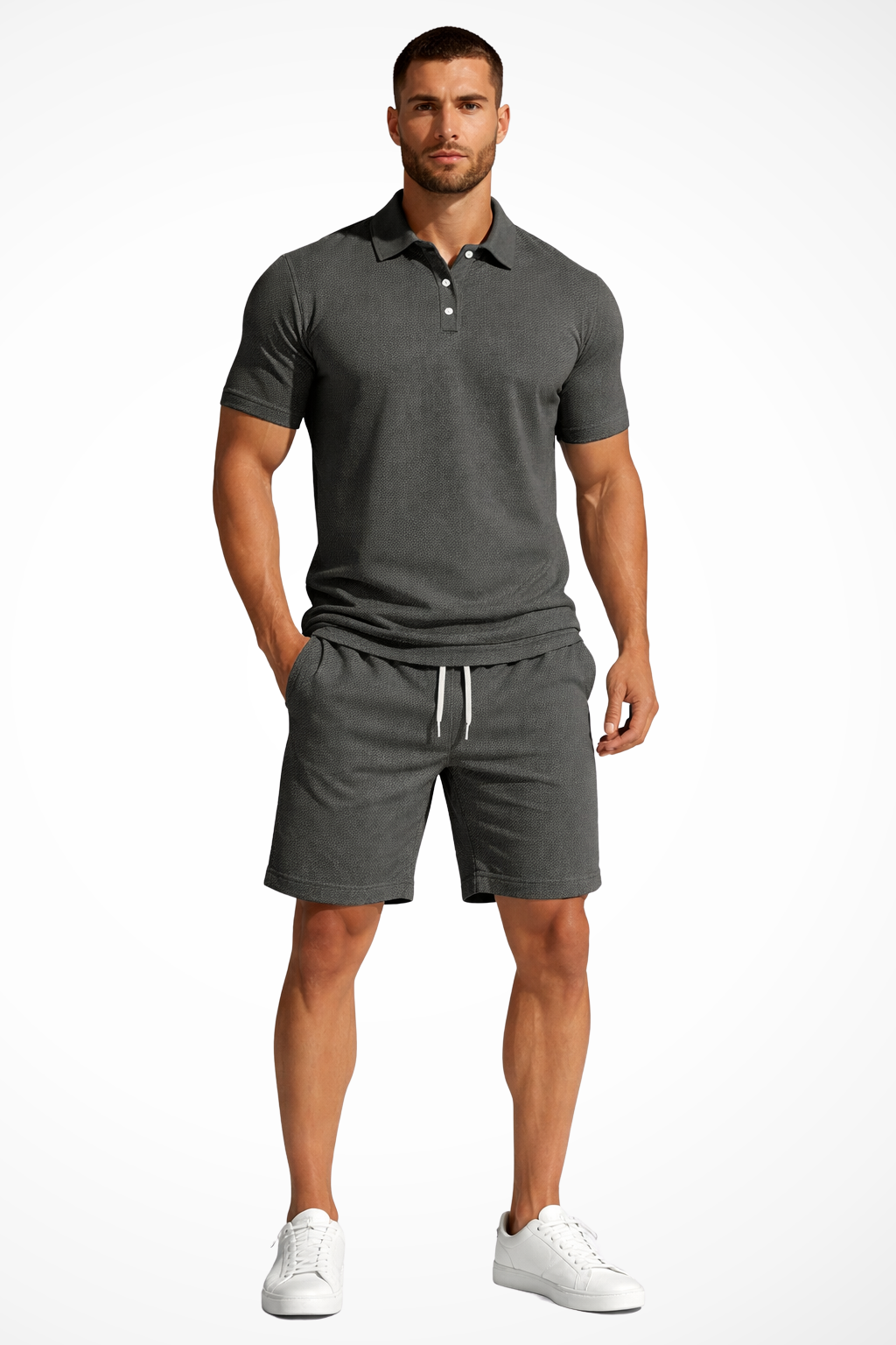 Men's Textured Polo and Shorts Summer Set - Casual Cotton Outfit for Warm Weather