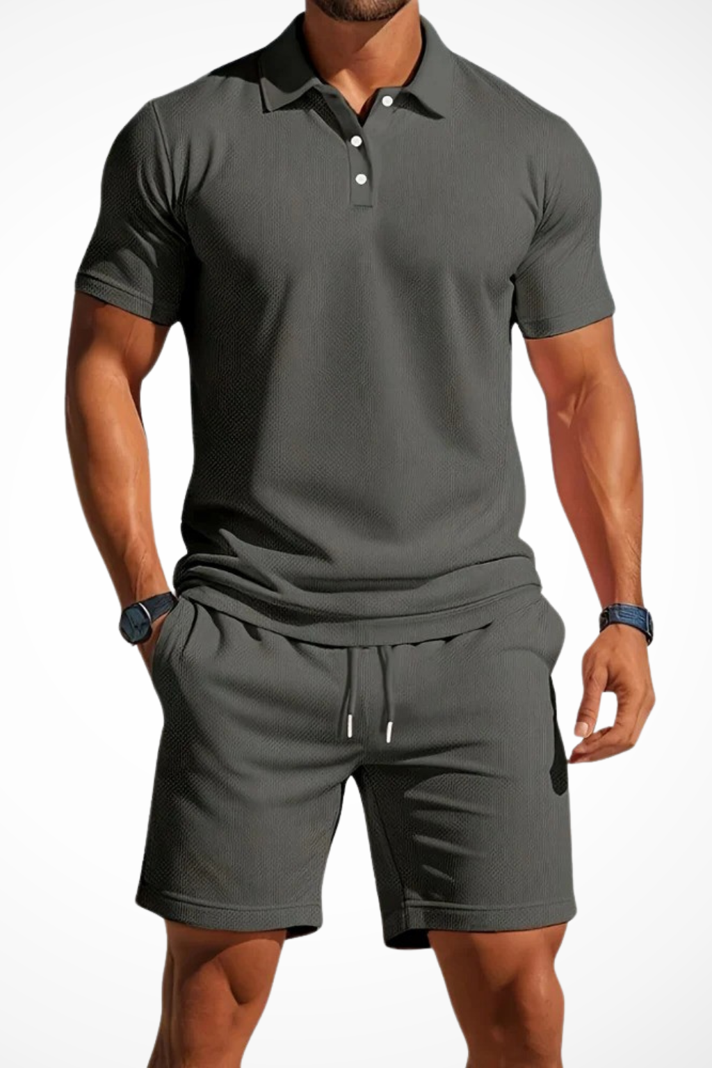 Men's Textured Polo and Shorts Summer Set - Casual Cotton Outfit for Warm Weather