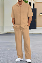 Men's Textured Short Sleeve Shirt and Straight Leg Trousers Summer Outfit