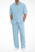 Men's Textured Short Sleeve Shirt and Straight Leg Trousers Summer Outfit