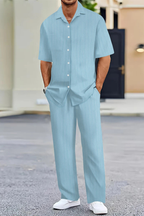 Men's Textured Short Sleeve Shirt and Straight Leg Trousers Summer Outfit