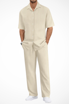 Men's Textured Short Sleeve Shirt and Straight Leg Trousers Summer Outfit