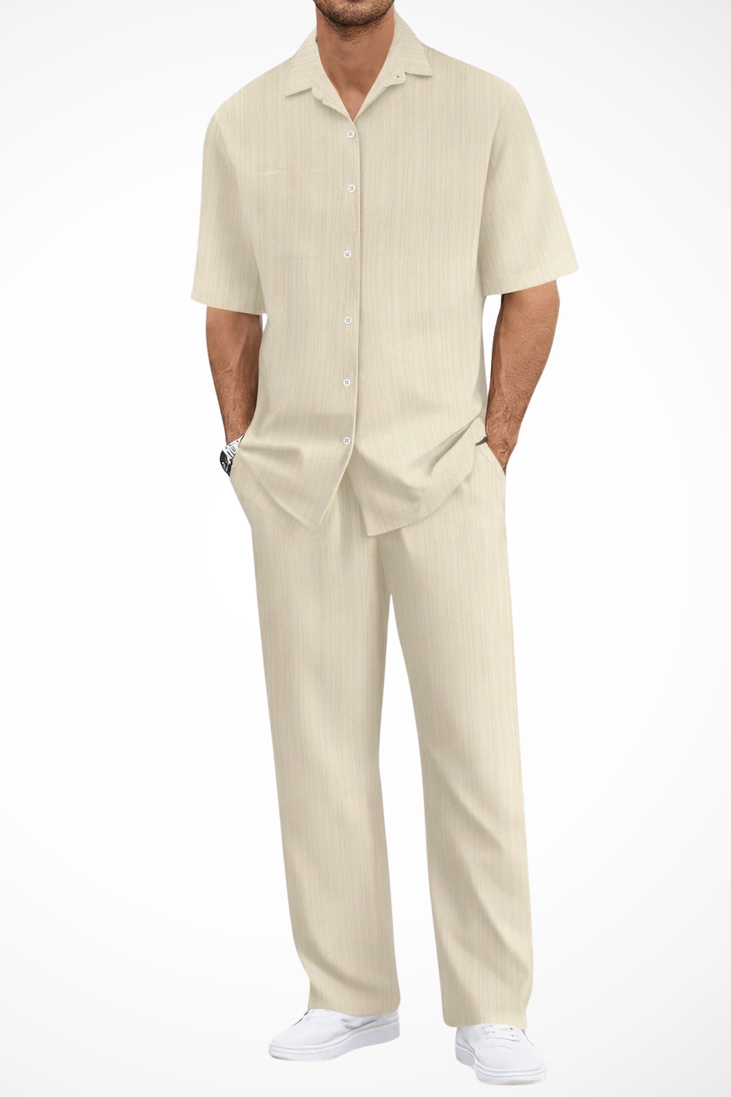 Men's Textured Short Sleeve Shirt and Straight Leg Trousers Summer Outfit