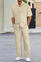 Men's Textured Short Sleeve Shirt and Straight Leg Trousers Summer Outfit