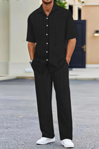 Men's Textured Short Sleeve Shirt and Straight Leg Trousers Summer Outfit