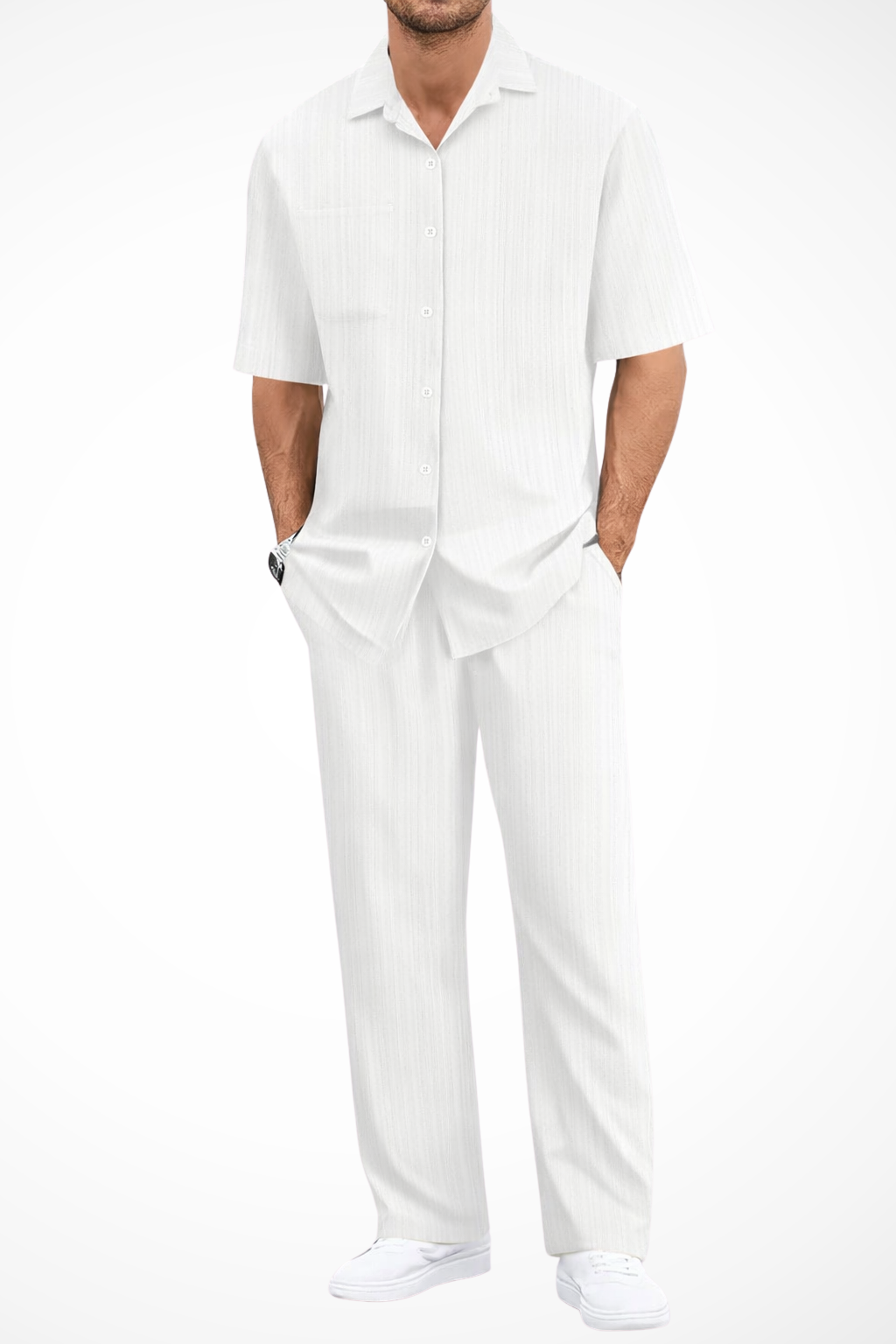 Men's Textured Short Sleeve Shirt and Straight Leg Trousers Summer Outfit