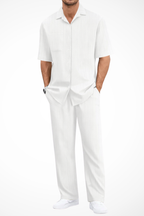 Men's Textured Short Sleeve Shirt and Straight Leg Trousers Summer Outfit