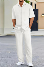 Men's Textured Short Sleeve Shirt and Straight Leg Trousers Summer Outfit