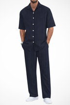 Men's Textured Short Sleeve Shirt and Straight Leg Trousers Summer Outfit