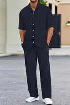 Men's Textured Short Sleeve Shirt and Straight Leg Trousers Summer Outfit