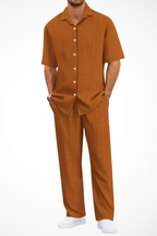 Men's Textured Short Sleeve Shirt and Straight Leg Trousers Summer Outfit