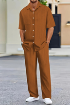 Men's Textured Short Sleeve Shirt and Straight Leg Trousers Summer Outfit