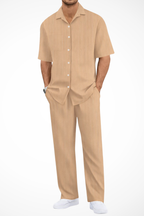 Men's Textured Short Sleeve Shirt and Straight Leg Trousers Summer Outfit
