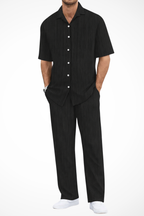 Men's Textured Short Sleeve Shirt and Straight Leg Trousers Summer Outfit