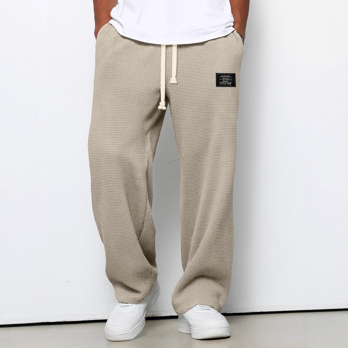 Men's Waffle-Textured Full-Length Pants with Drawstring, Side Pockets, and Wide Legs for Casual Wear