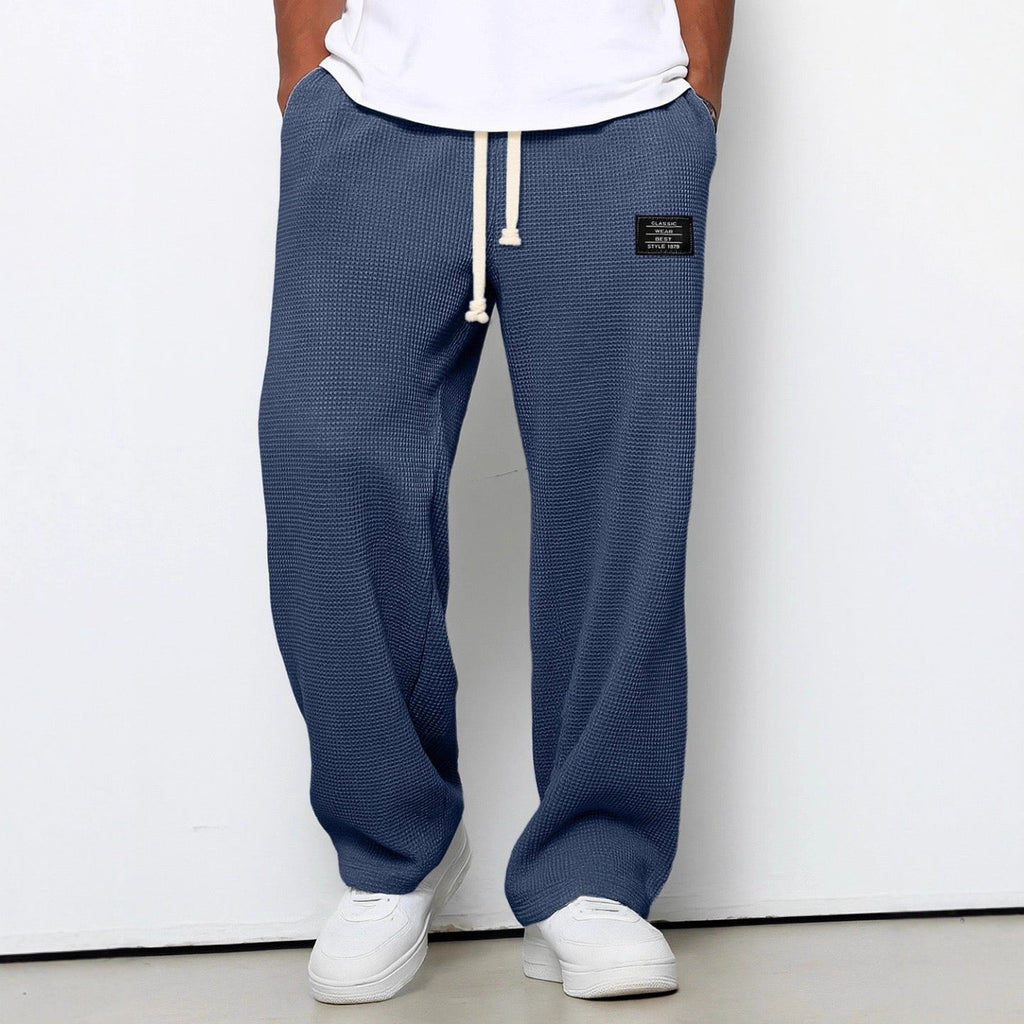 Men's Waffle-Textured Full-Length Pants with Drawstring, Side Pockets, and Wide Legs for Casual Wear