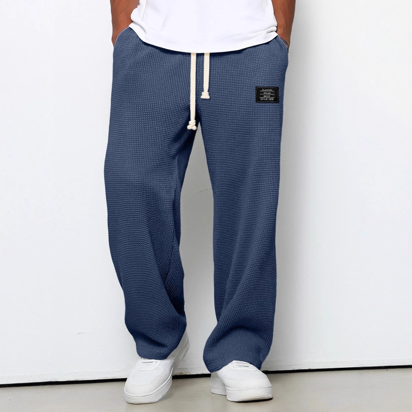 Men's Waffle-Textured Full-Length Pants with Drawstring, Side Pockets, and Wide Legs for Casual Wear
