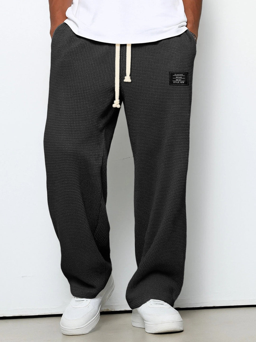Men's Waffle-Textured Full-Length Pants with Drawstring, Side Pockets, and Wide Legs for Casual Wear