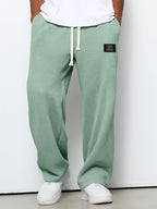 Men's Waffle-Textured Full-Length Pants with Drawstring, Side Pockets, and Wide Legs for Casual Wear