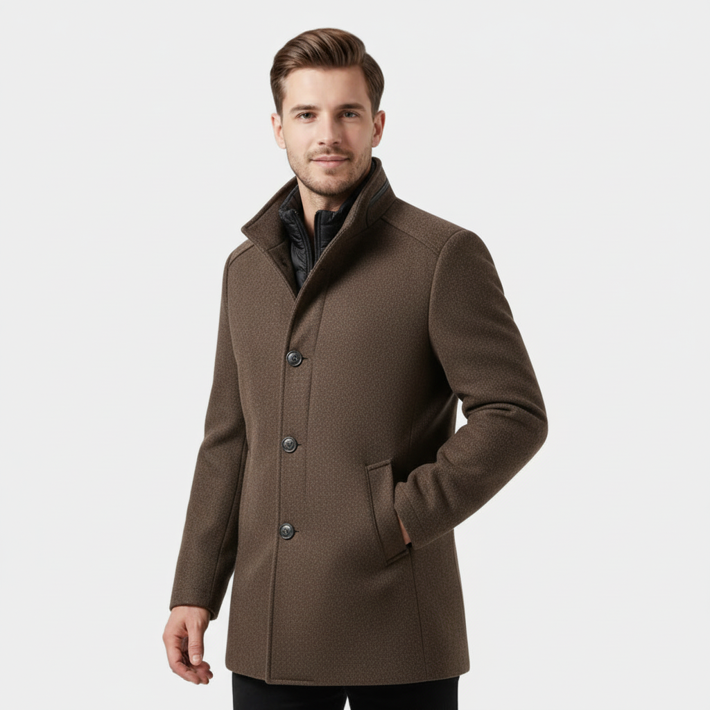 Men's Wool-Blend Stand-Collar Coat with Removable Padded Vest for Versatile Cold Weather Wear