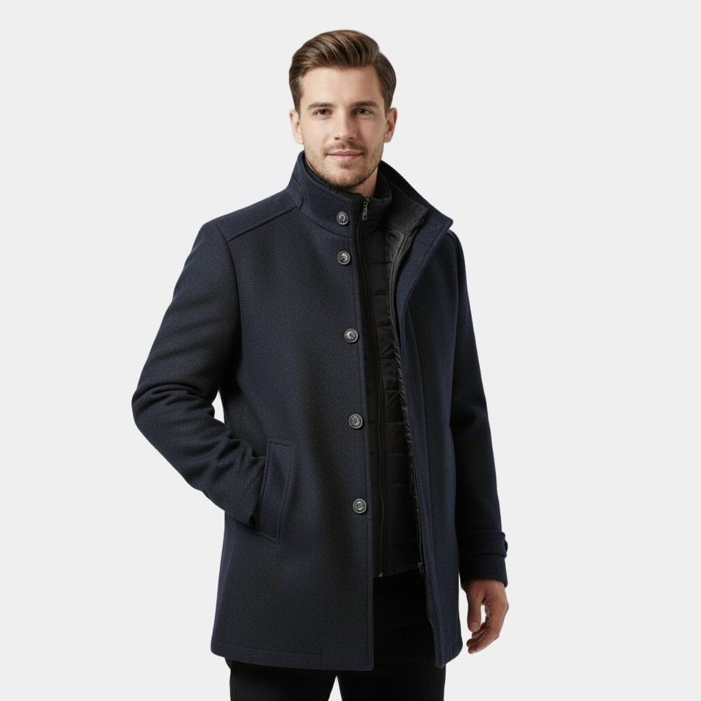 Men's Wool-Blend Stand-Collar Coat with Removable Padded Vest for Versatile Cold Weather Wear