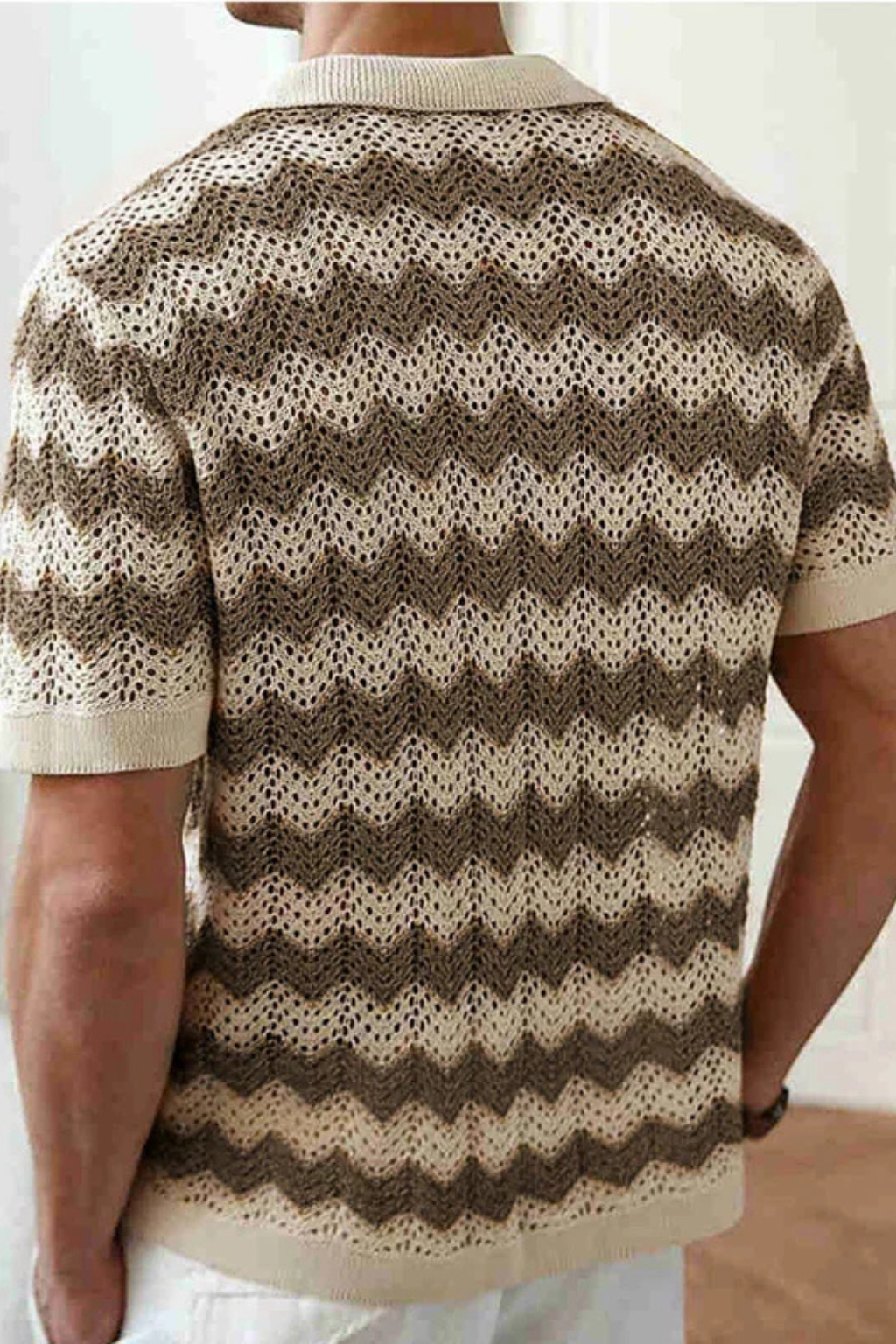 Men's Zigzag Crochet Knit Polo Shirt | Short Sleeve Button Front Design
