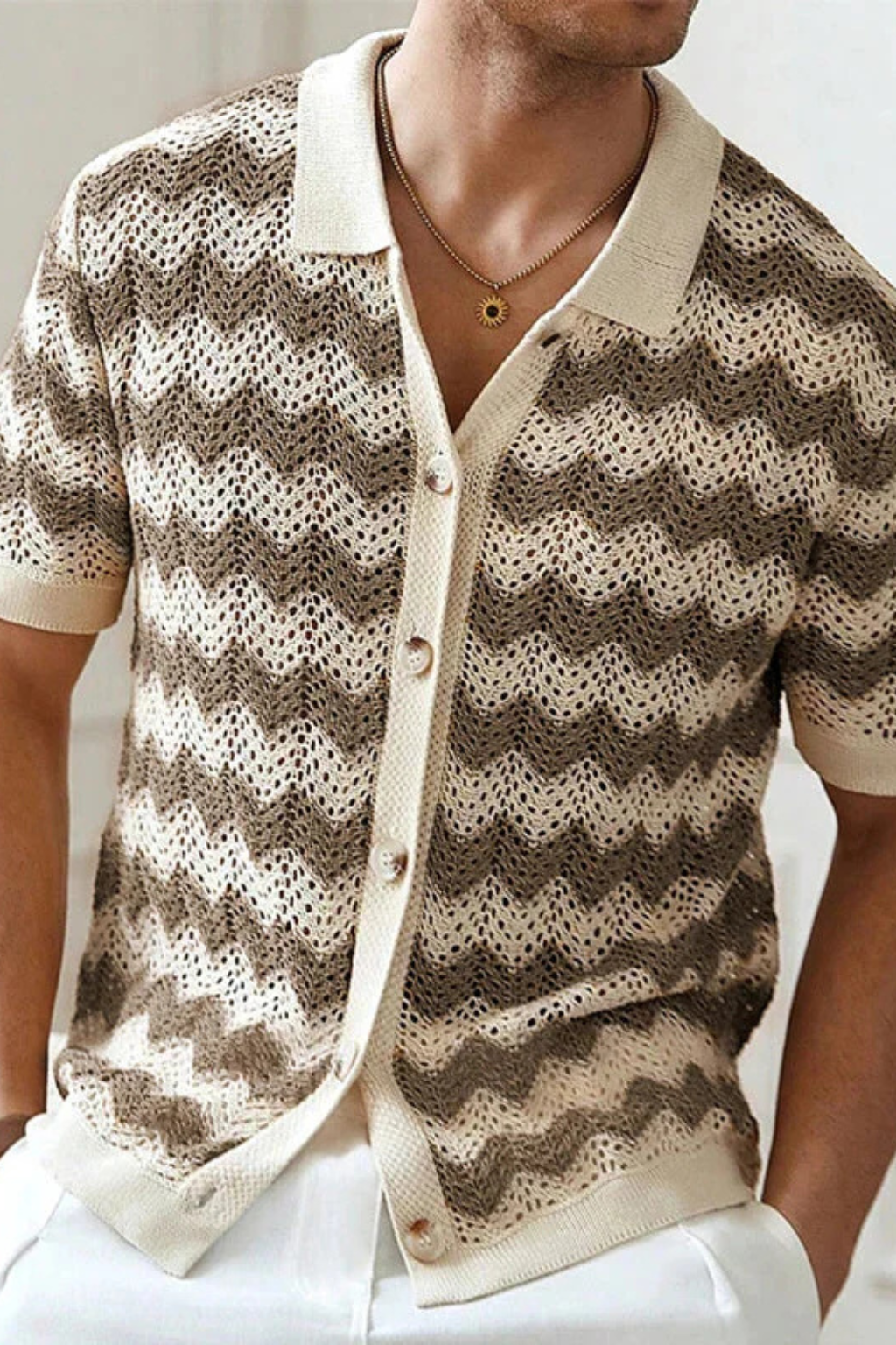 Men's Zigzag Crochet Knit Polo Shirt | Short Sleeve Button Front Design