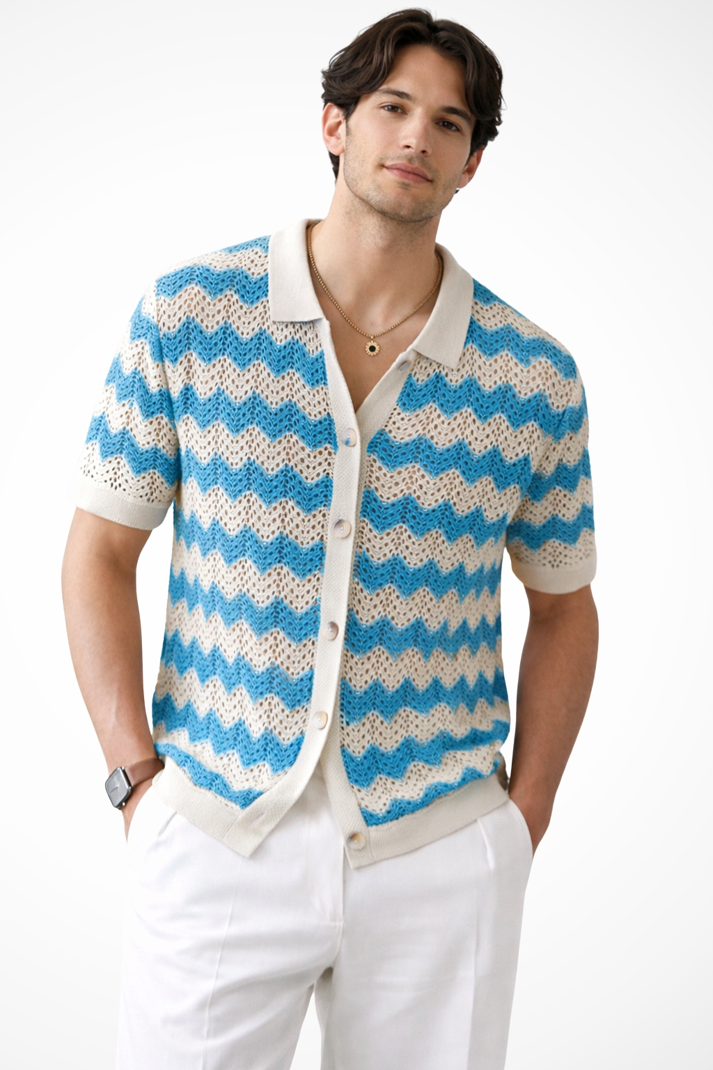Men's Zigzag Crochet Knit Polo Shirt | Short Sleeve Button Front Design