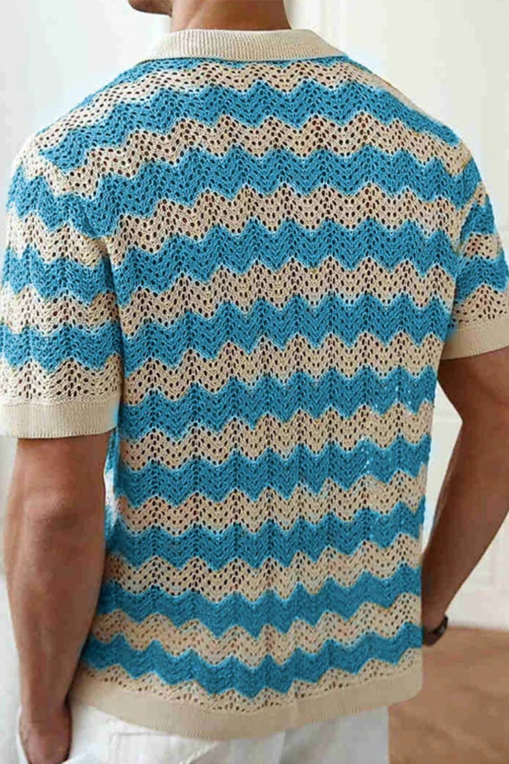 Men's Zigzag Crochet Knit Polo Shirt | Short Sleeve Button Front Design
