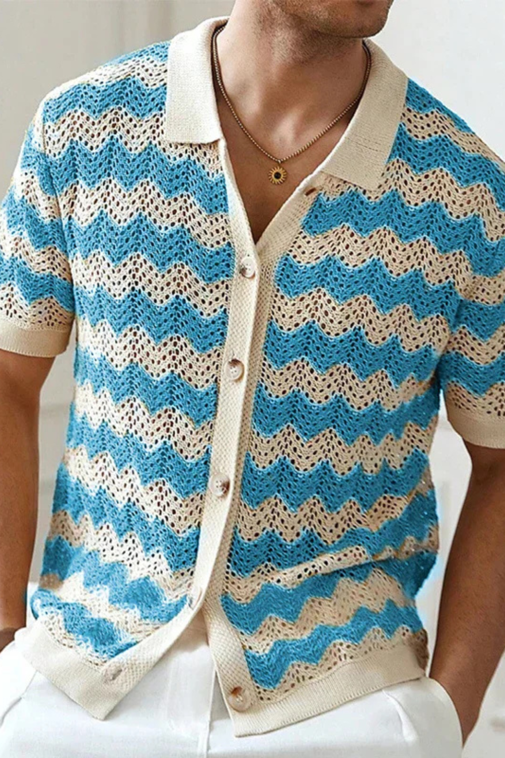 Men's Zigzag Crochet Knit Polo Shirt | Short Sleeve Button Front Design