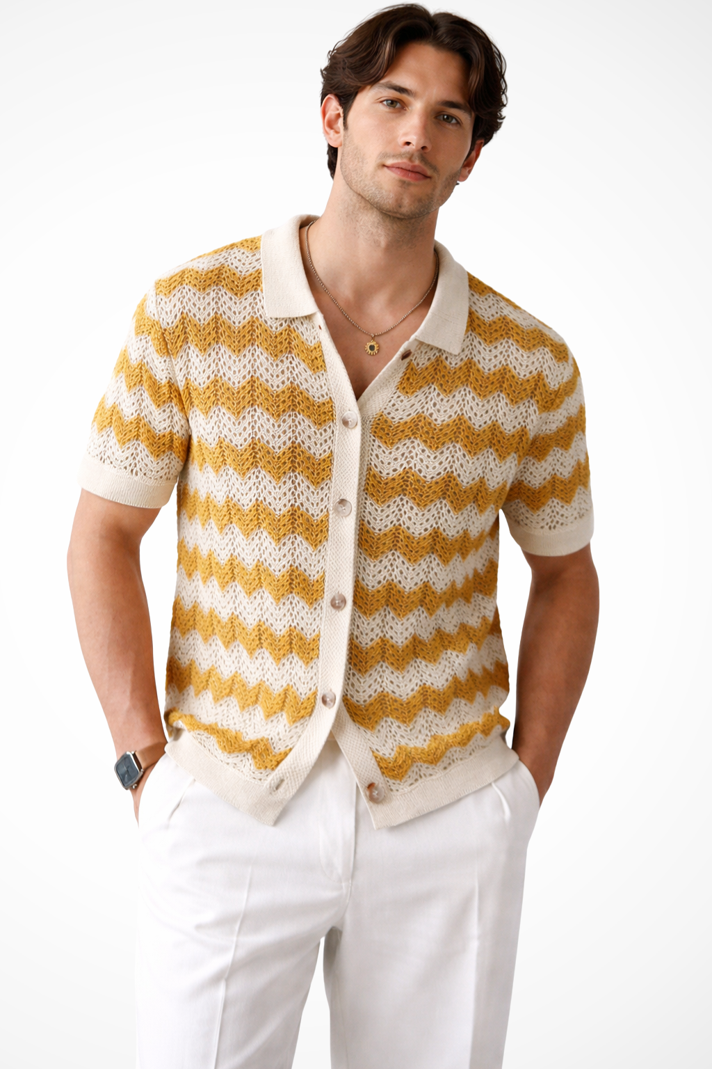 Men's Zigzag Crochet Knit Polo Shirt | Short Sleeve Button Front Design