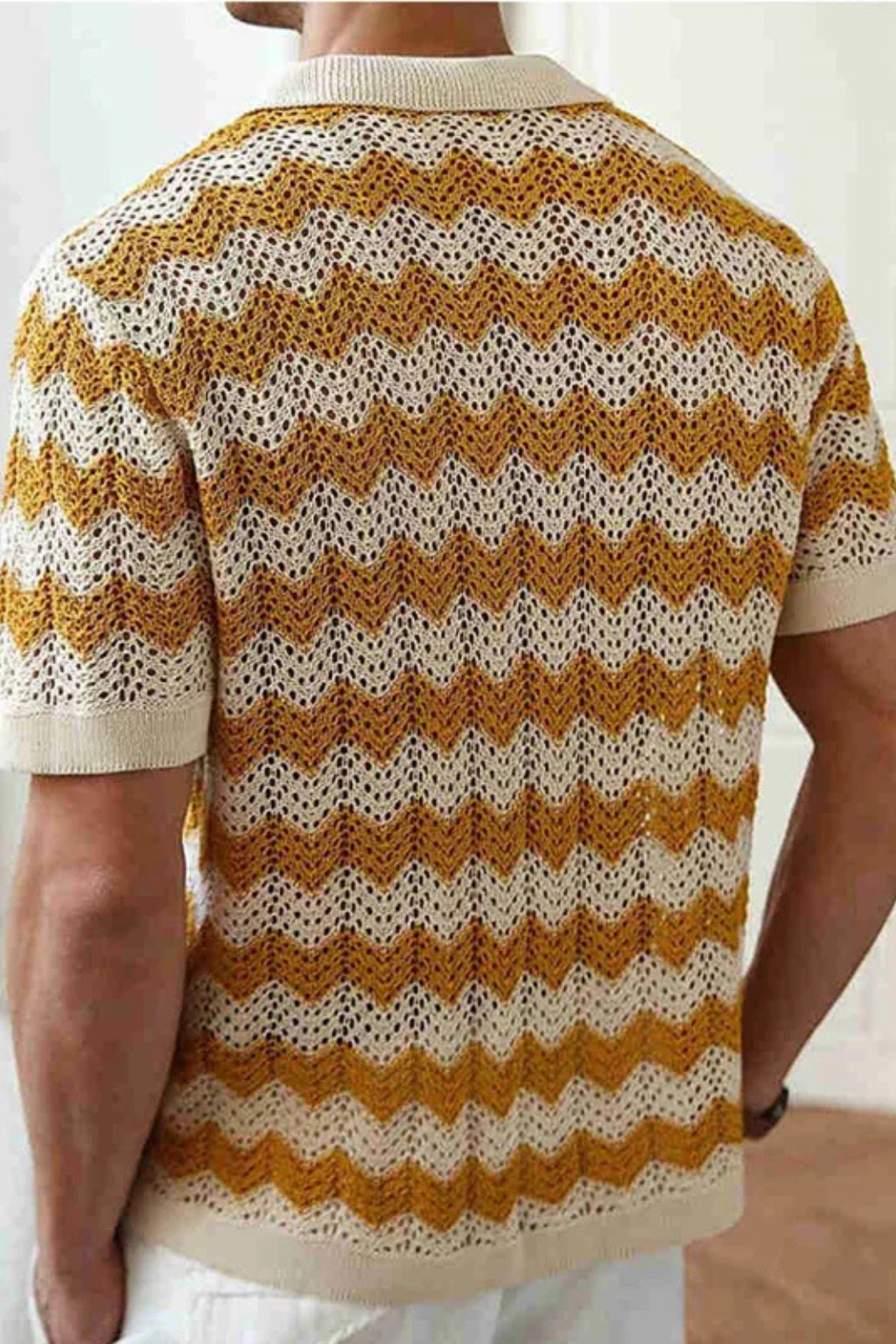 Men's Zigzag Crochet Knit Polo Shirt | Short Sleeve Button Front Design
