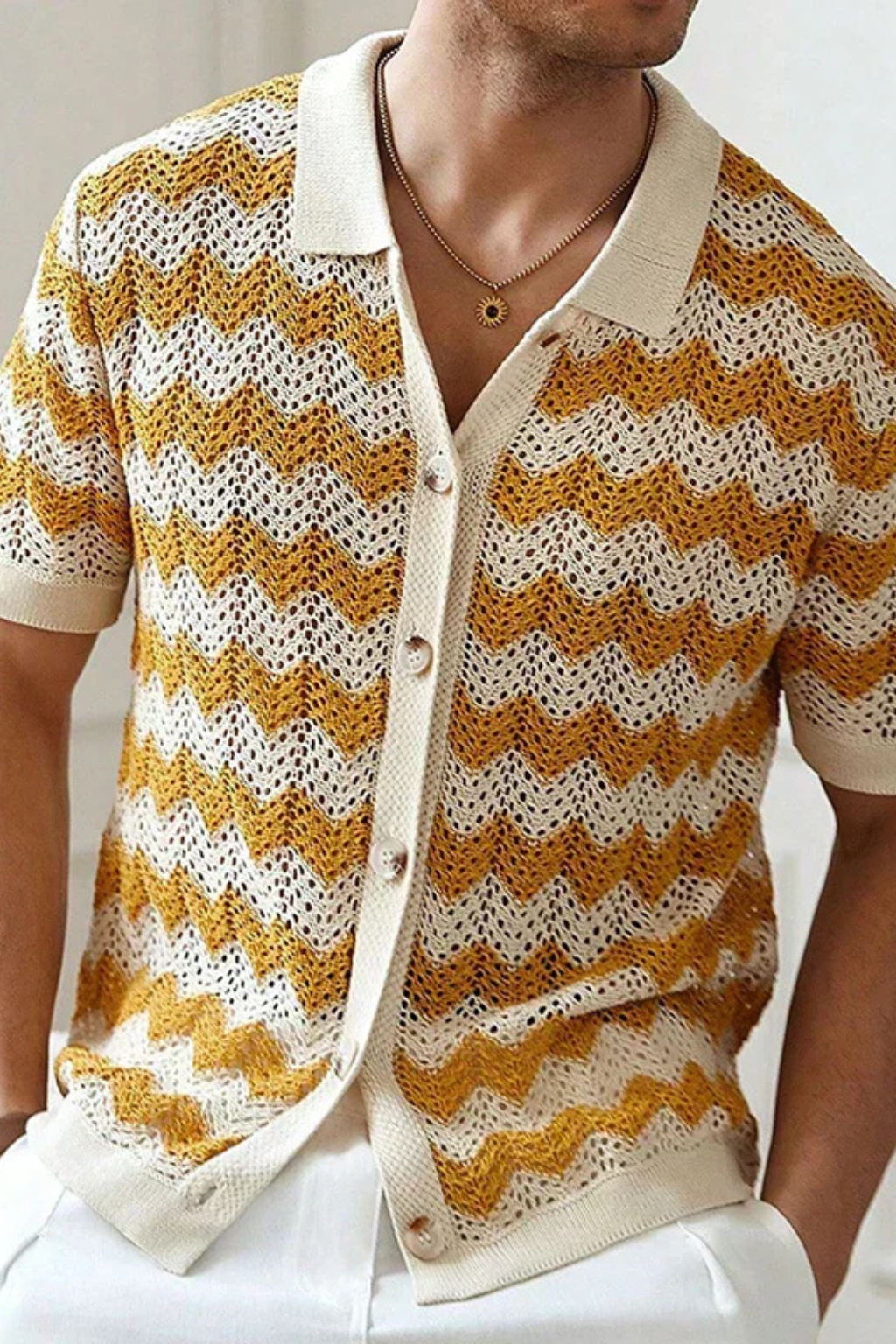Men's Zigzag Crochet Knit Polo Shirt | Short Sleeve Button Front Design