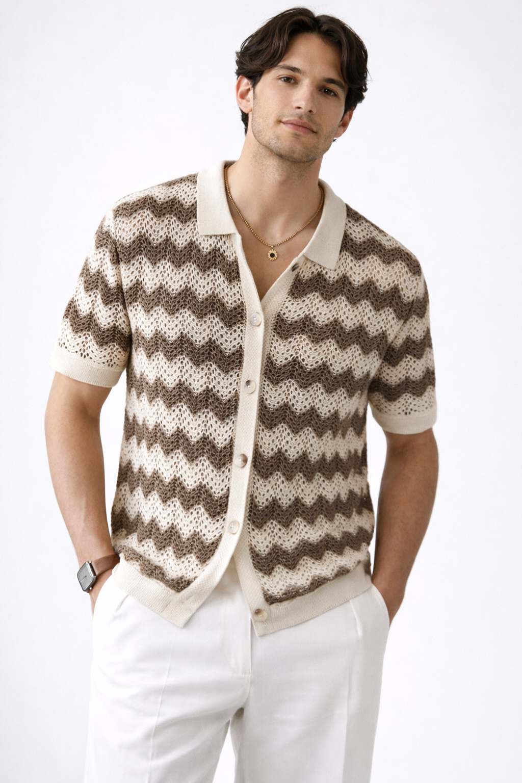 Men's Zigzag Crochet Knit Polo Shirt | Short Sleeve Button Front Design