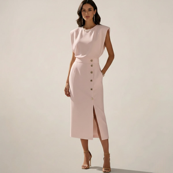 Midi Dress with Button Detail and Side Slit - Casual Elegant Women's Wear