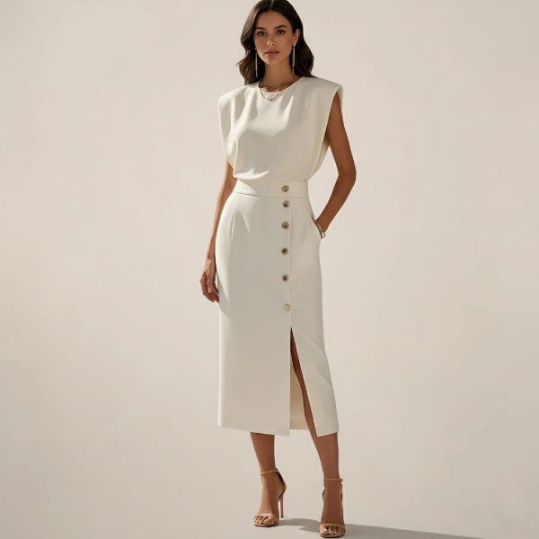 Midi Dress with Button Detail and Side Slit - Casual Elegant Women's Wear