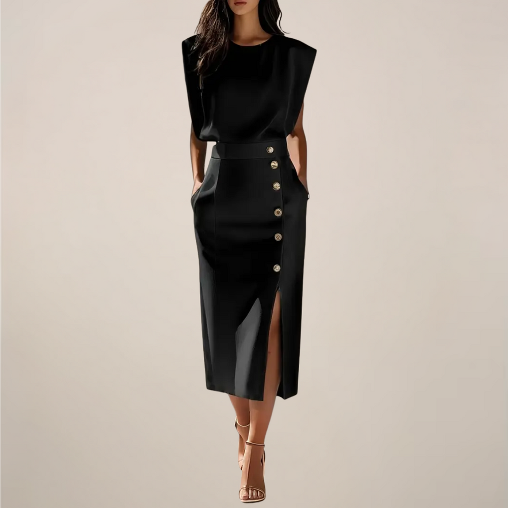 Midi Dress with Button Detail and Side Slit - Casual Elegant Dress for Events