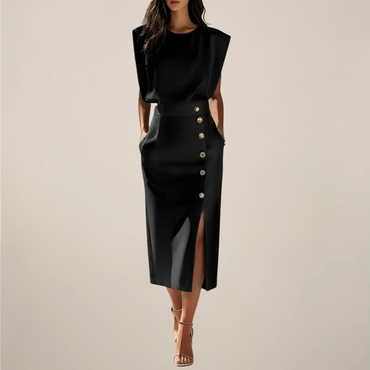 Midi Dress with Button Detail and Side Slit - Casual Elegant Dress for Events