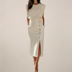 Midi Dress with Button Detail and Side Slit - Casual Elegant Dress for Events