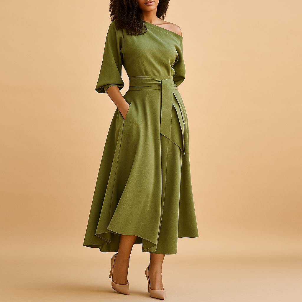 Midi Dress with Waistband in Soft Fabric - Elegant Casual Wear for Women