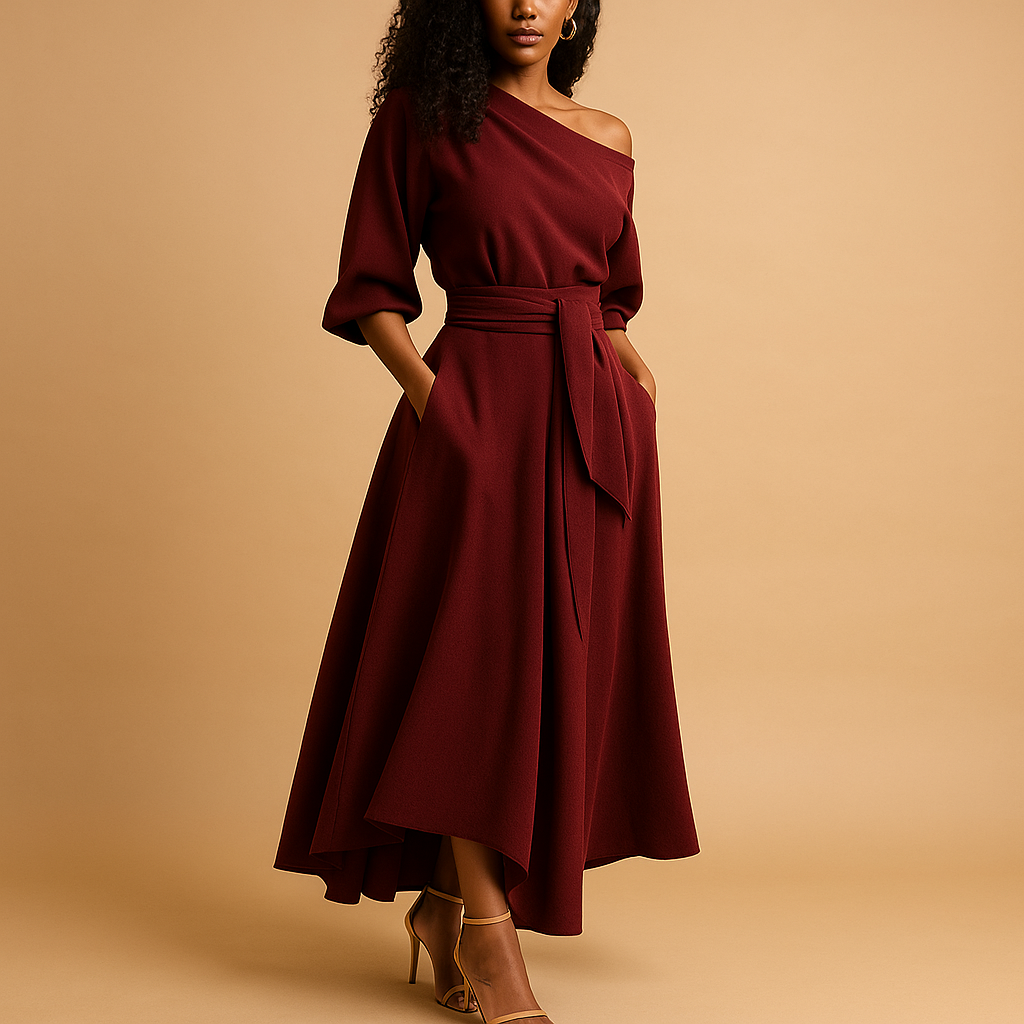 Midi Dress with Waistband in Soft Fabric - Elegant Casual Wear for Women