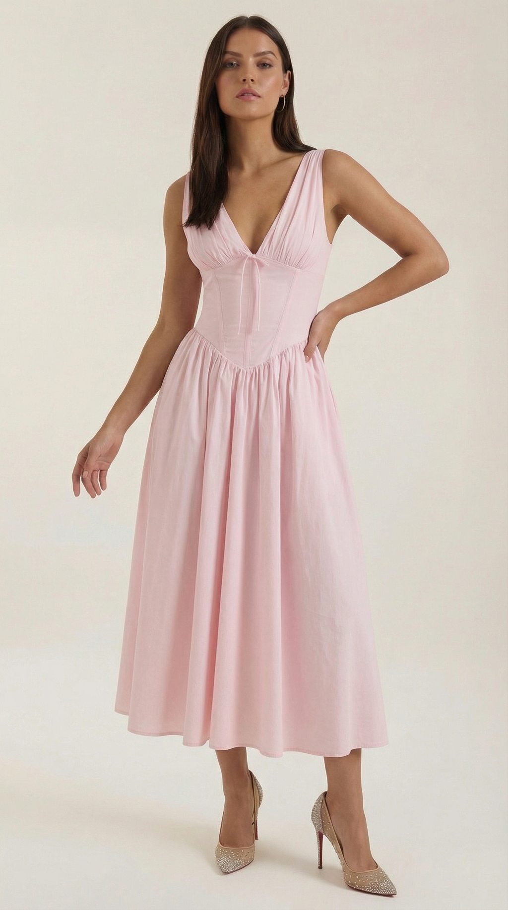 Midi Plunge Dress in Soft Fabric - Elegant Casual Wear for Parties and Events