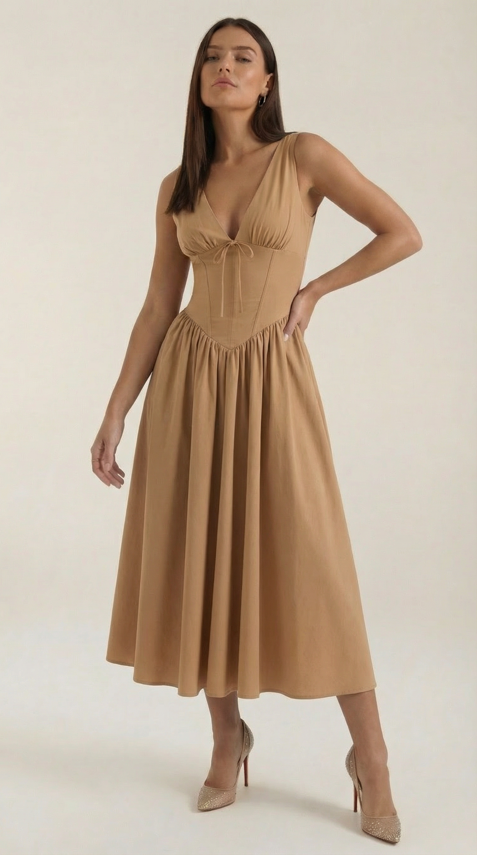 Midi Plunge Dress in Soft Fabric - Elegant Casual Wear for Parties and Events