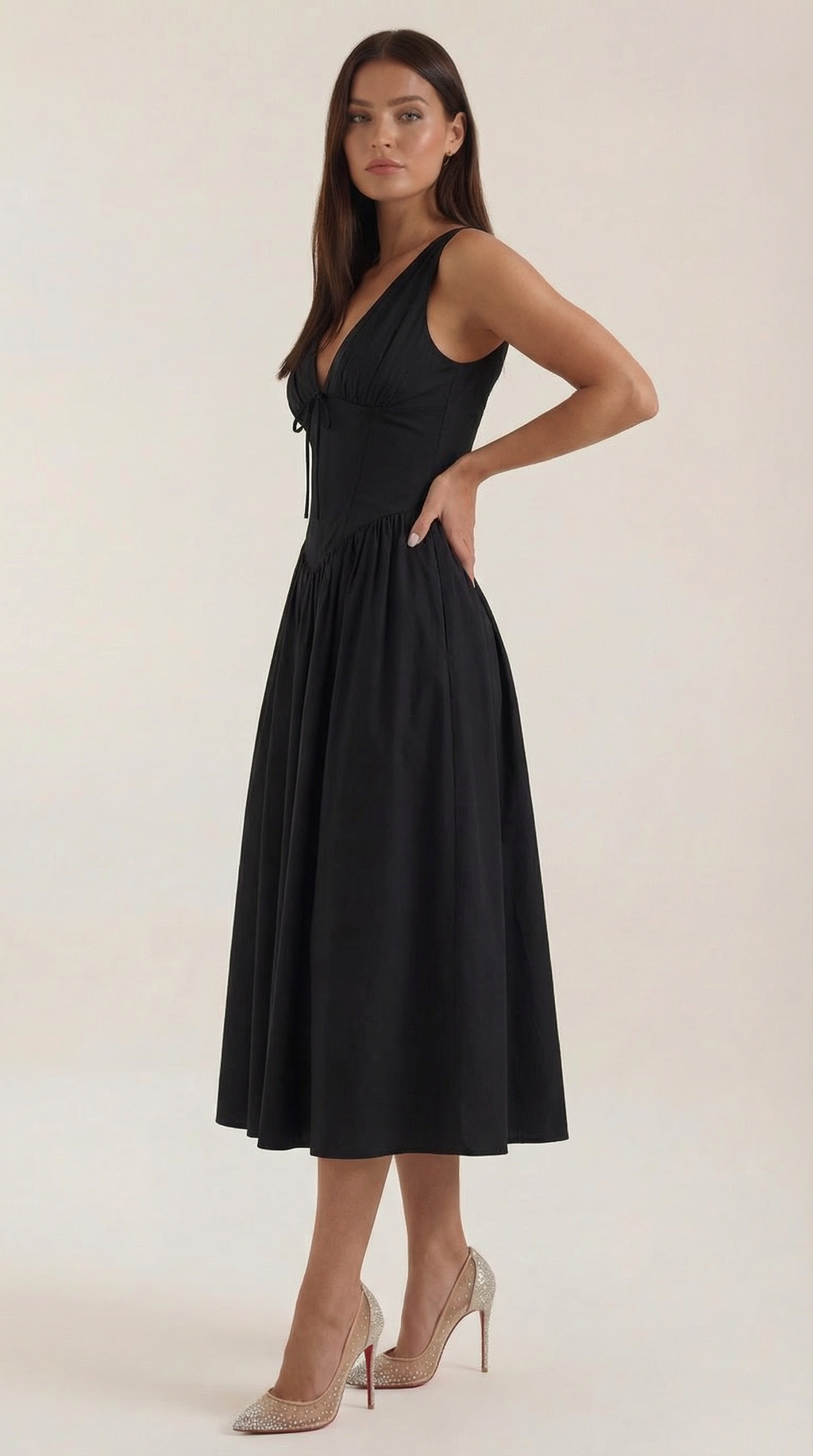 Midi Plunge Dress in Soft Fabric - Elegant Casual Wear for Parties and Events